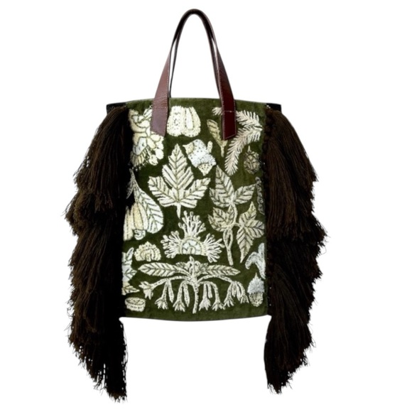 Anthropologie Handbags - Anthropologie Handcrafted Embroidery Beaded Fringed Tote Bag Velour Wool Boho